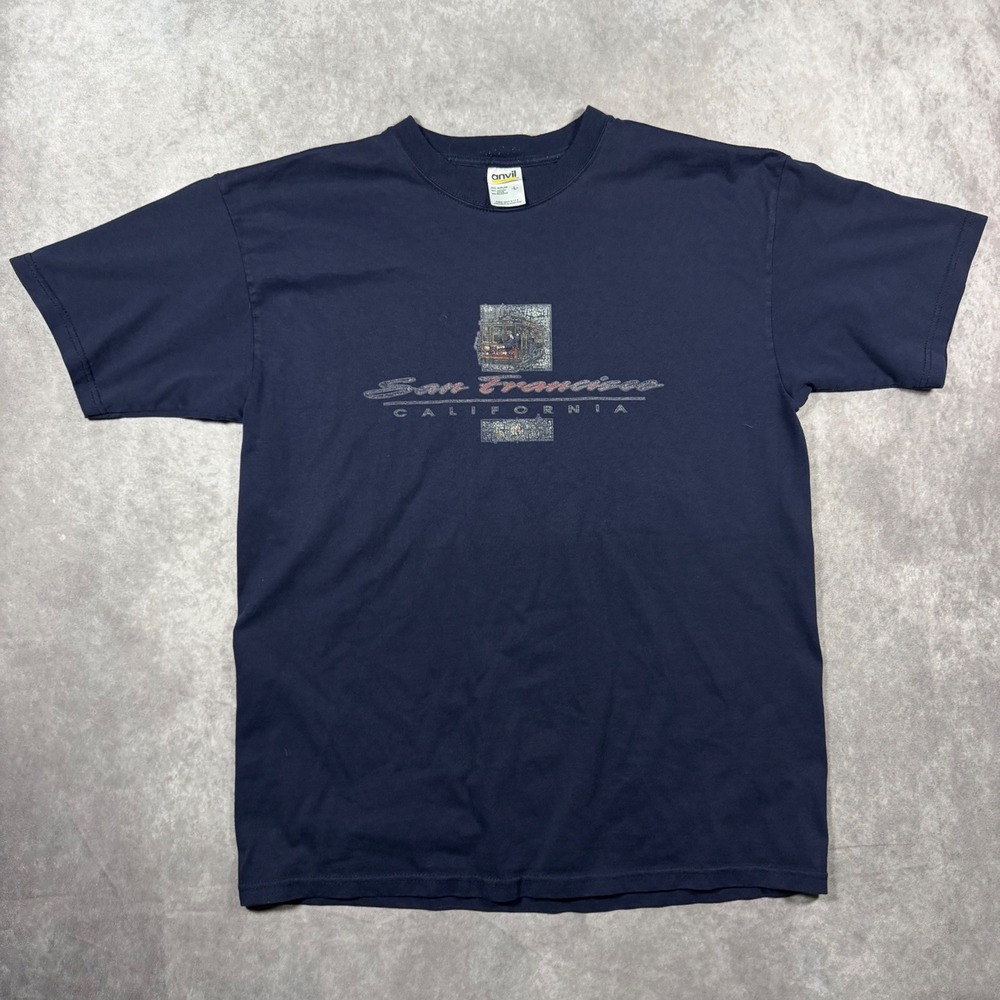 Vintage Anvil San Francisco California Cable Car Graphic T-Shirt Navy Blue Large